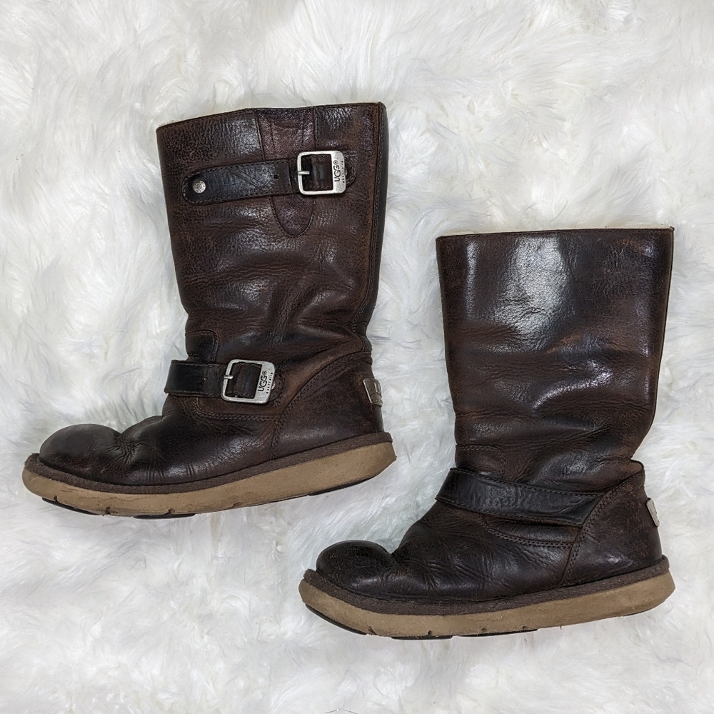 UGG Australia Kensington Brown Leather Sheepskin Lined Buckle Boots Size 6